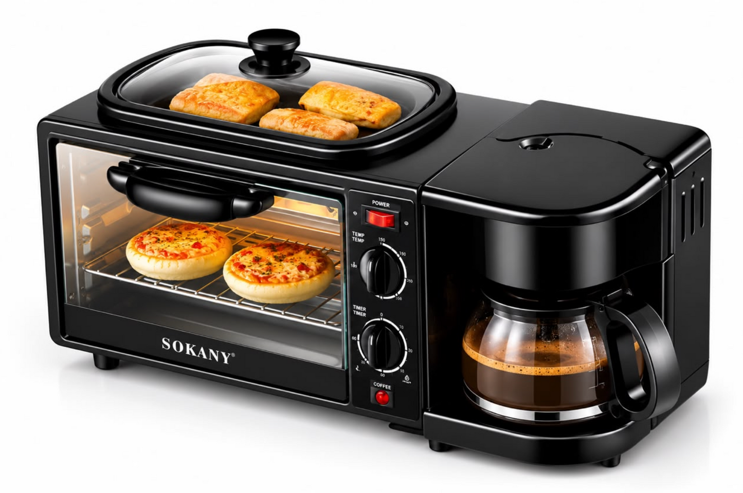 Horno Eléctrico Multifuncional 3 en 1 con Cafetera y Sartén