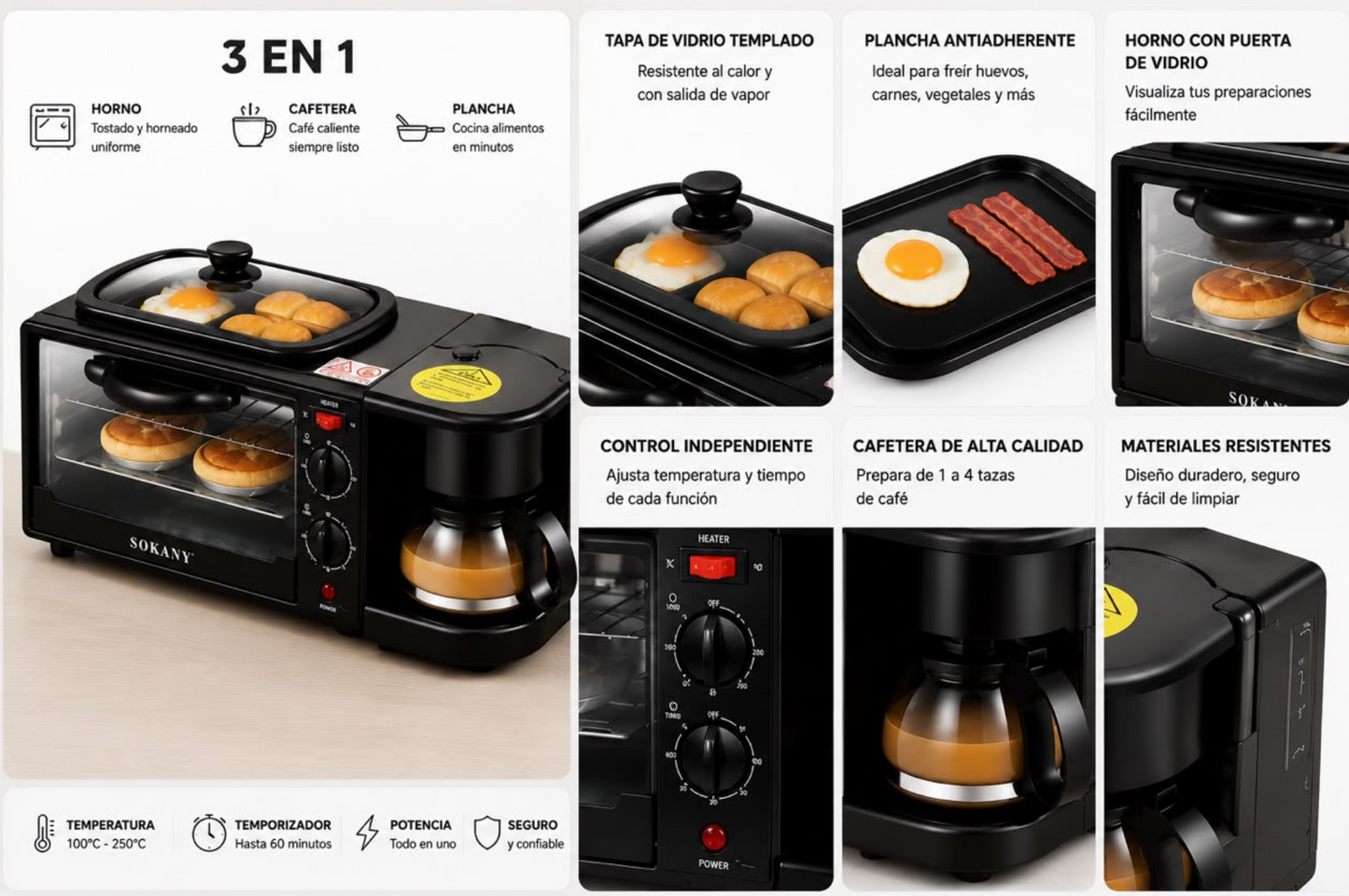 Horno Eléctrico Multifuncional 3 en 1 con Cafetera y Sartén
