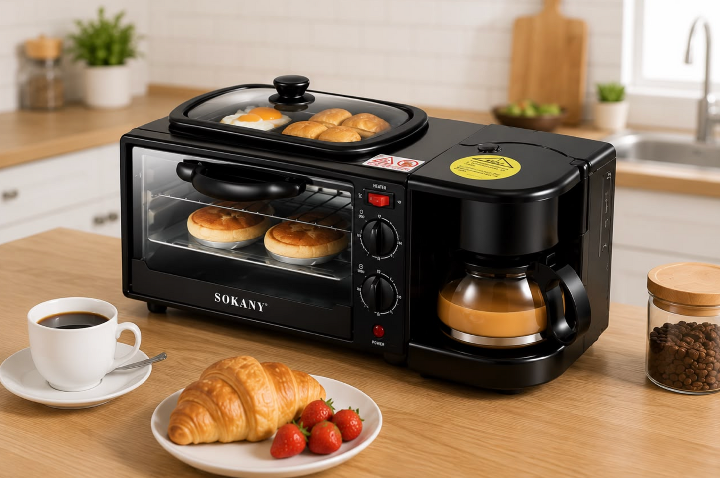 Horno Eléctrico Multifuncional 3 en 1 con Cafetera y Sartén