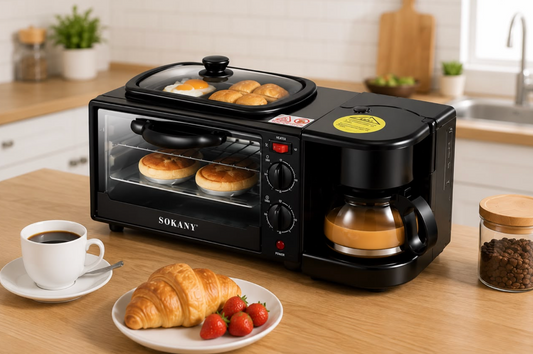 Horno Eléctrico Multifuncional 3 en 1 con Cafetera y Sartén