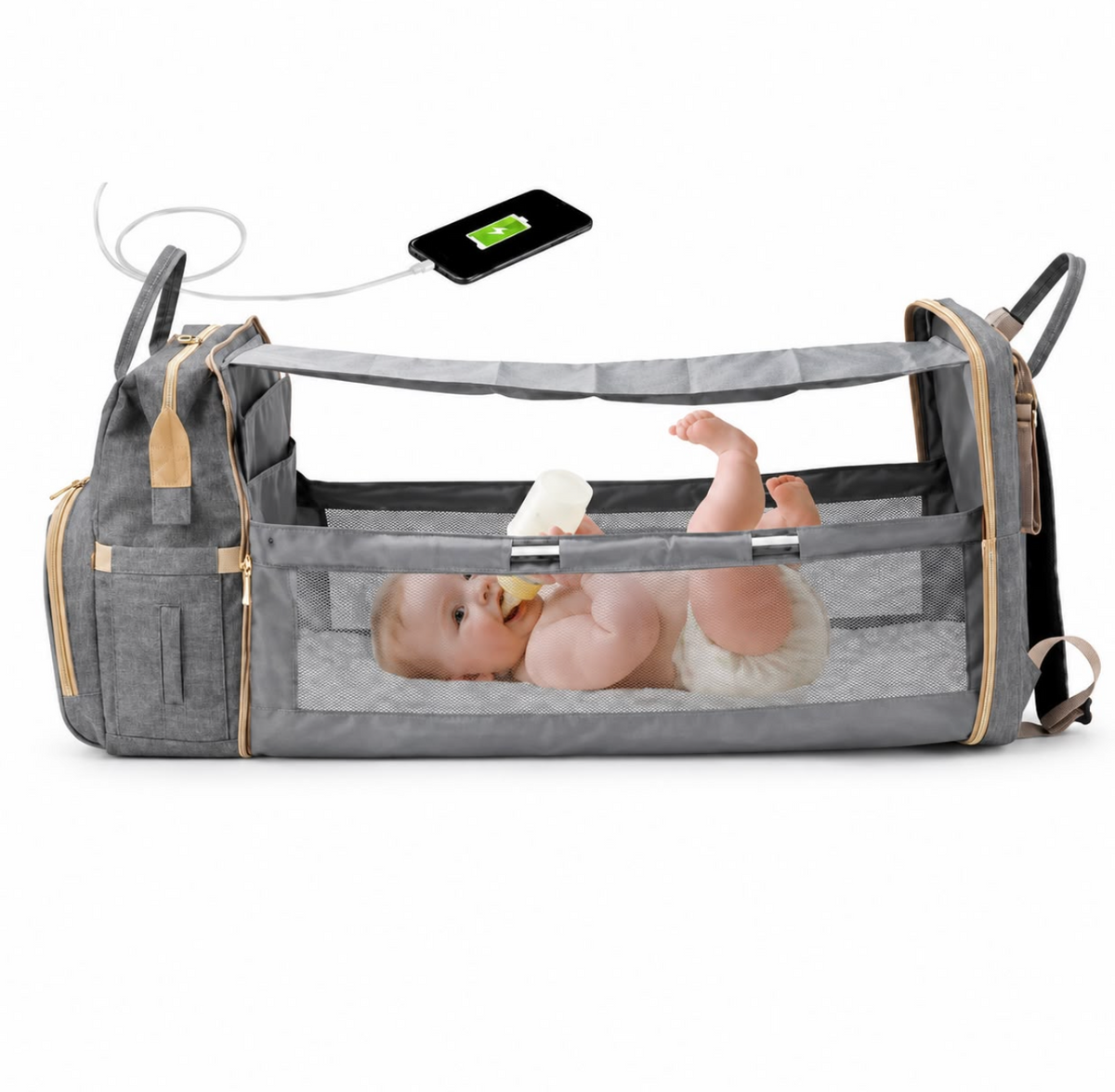 Pañalera Mochila Cuna Portátil Multiusos con Carga USB