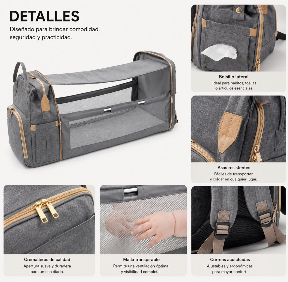 Pañalera Mochila Cuna Portátil Multiusos con Carga USB