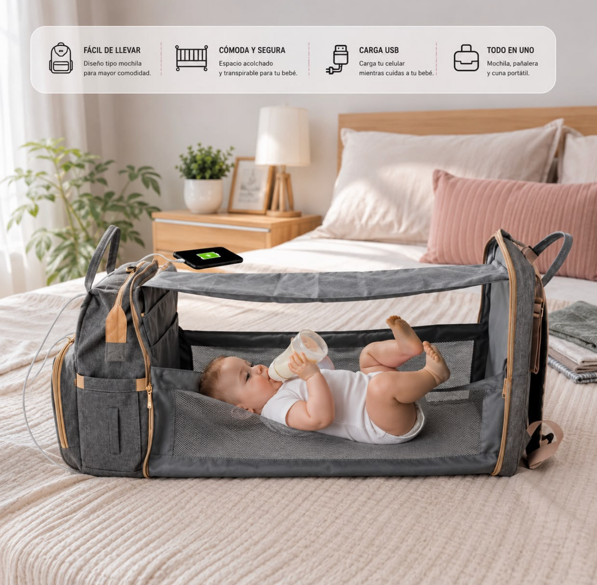 Pañalera Mochila Cuna Portátil Multiusos con Carga USB